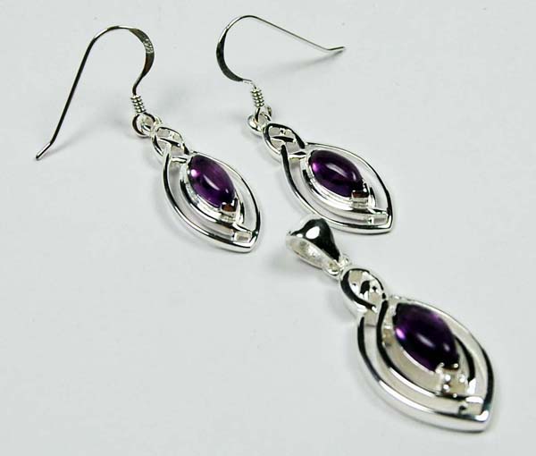 Pendant And Earring Set Silver Fancy Oval Drop Amethyst