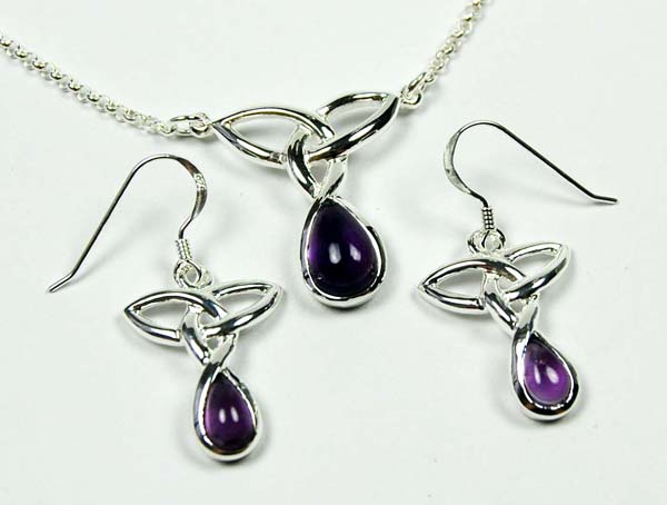 Necklace And Earring Set Silver Celtic  With Circle Stone Drop A