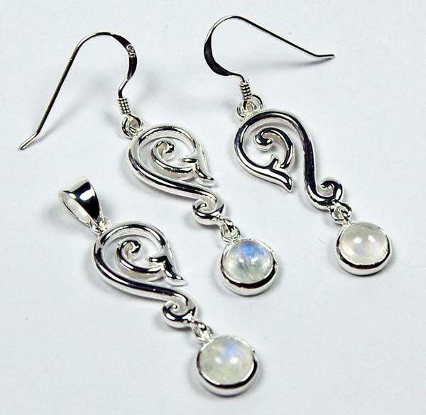 Pendant And Earring Set Silver Swirl With Stone Rainbow