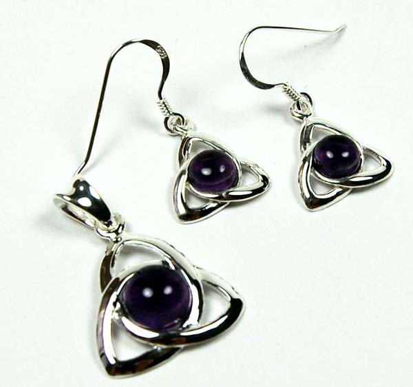Pendant And Earring Set Silver Celtic Stone Amethyst