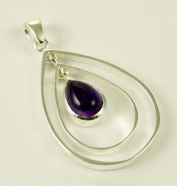 Pendant And Earring Set Silver Double Oval With Stone Amethyst