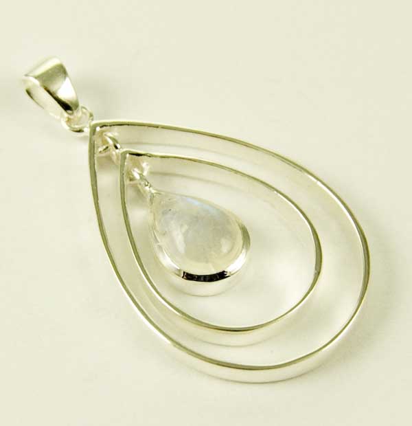 Pendant And Earring Set Silver Double Oval With Stone Moonstone