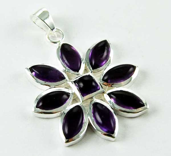 Pendant And Earring Set Silver Flower Stones Amethyst