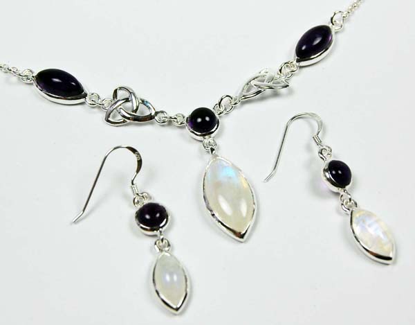 Necklace And Earring Set Silver Celtic Drop With Stones Amethyst