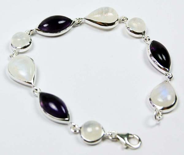 Bracelet Set Silver Oval Amethyst And Moonstone