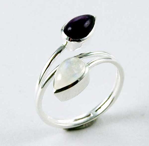 Ring Silver Double Teardrop Amethyst