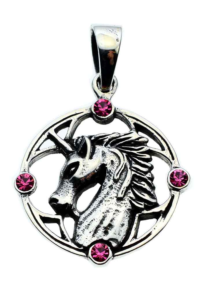 Pendant Silver Unicorn In Circle With Pink Stones