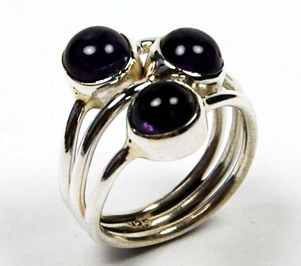 Ring Silver Triple Circle Stone Amethyst