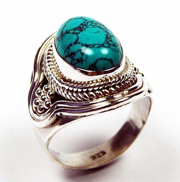 Ring Silver Oval Stone With Floral Sides Turquoise