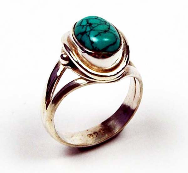 Ring Silver Oval Stone Inset Plain Turquoise