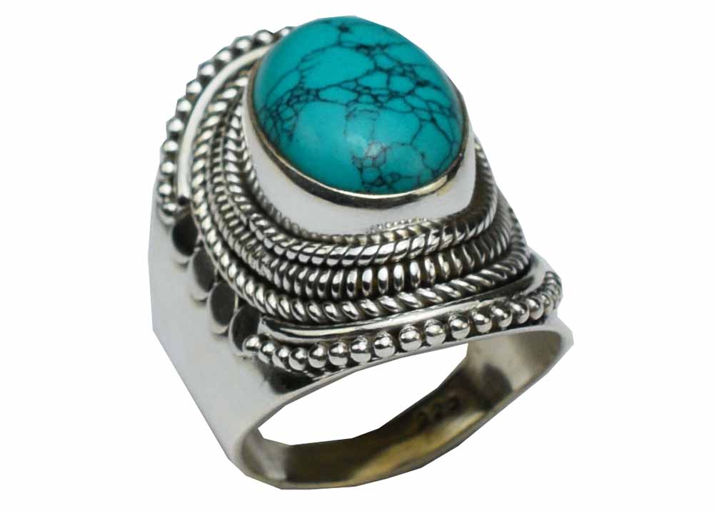 Ring Silver Oval Stone Inset With Fancy Rope Edges  Turquoise