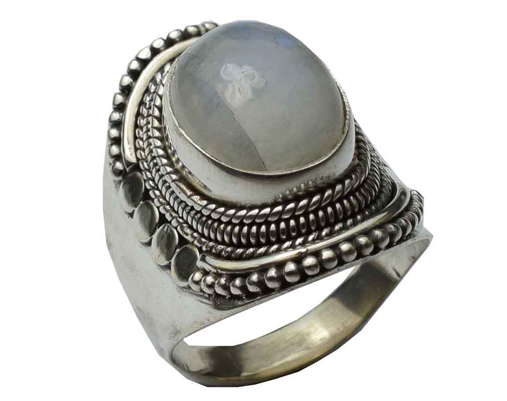 Ring Silver Oval Stone Inset With Fancy Rope Edges Moonstone