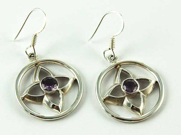 Earring Silver Amethyst Cut Flower In Circle