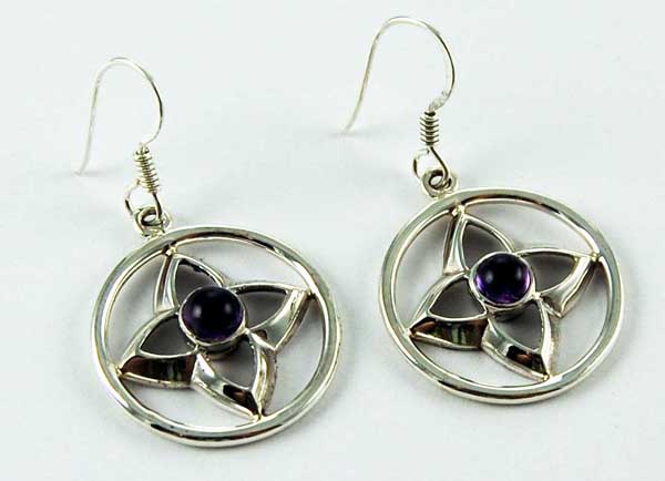 Earring Silver Amethyst Cab Flower In Circle