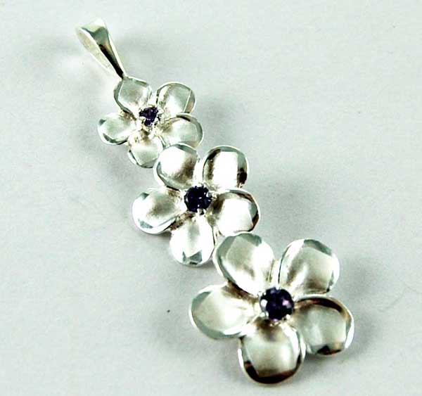Pendant Silver Triple Flower Drop With Purple Cz Stone