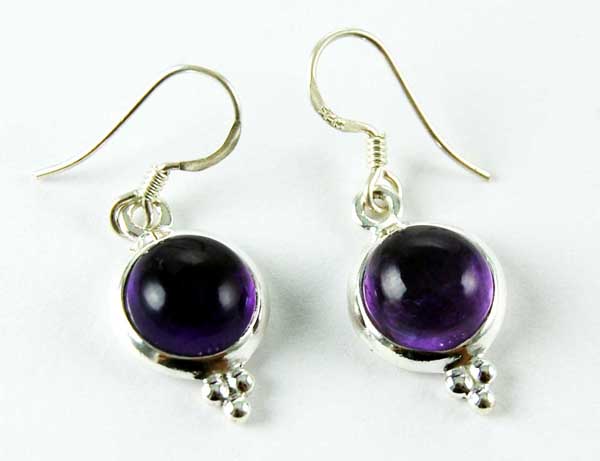 Earring Silver Circle Plain Drop Amethyst
