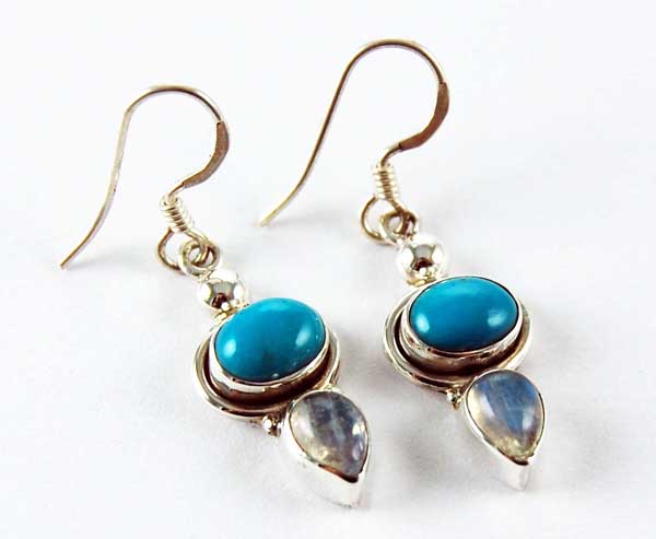 Earring Silver Oval Turquoise With Moonstone Teardrop Stone
