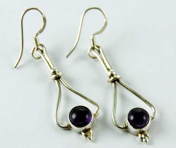 Earring Silver Circle Plain Drop Amethyst