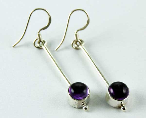 Earring Silver Circle Plain Dropper Amethyst