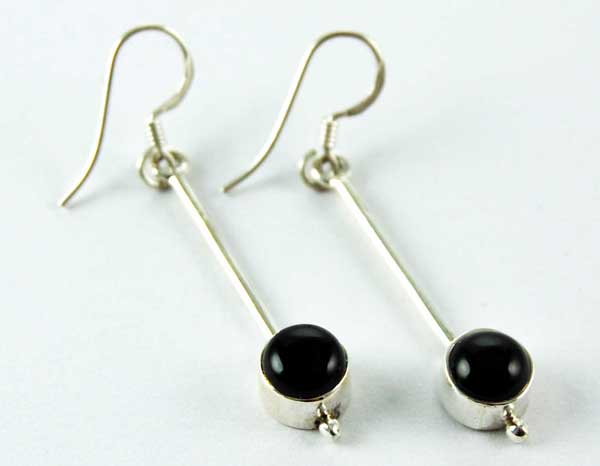 Earring Silver Circle Plain Dropper Onyx