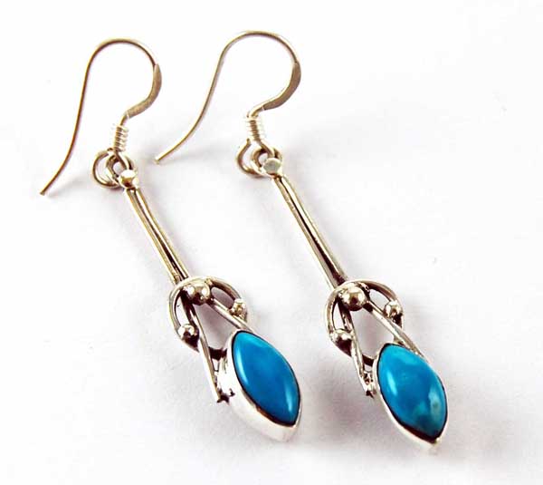 Earring Silver Oval Plain Dropper Turquoise