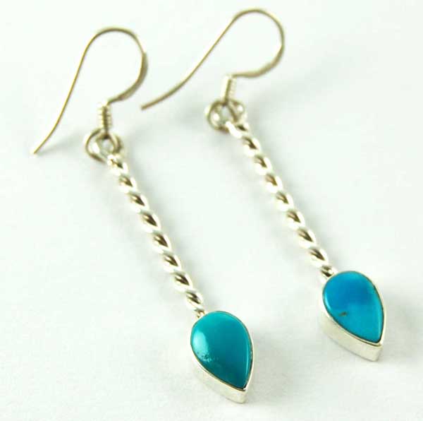 Earring Silver Twisted Drop Teardrop Stone Turquoise
