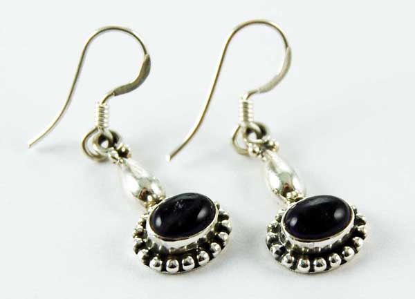 Earring Silver Dotted Edge Amethyst Stone Inset