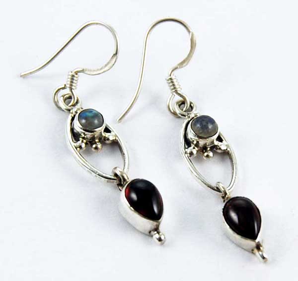 Earring Silver Fancy Double Teardrop With Moonstone And Garnet