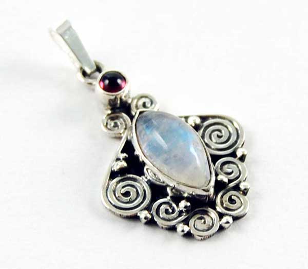 Earring Silver Swirls With Garnet And Moonstone