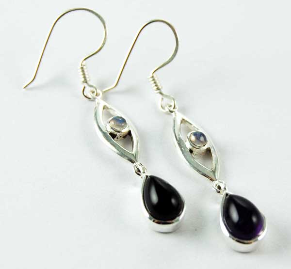 Earring Silver Double Drop Oval Stone Inset Moonstone And Amethy