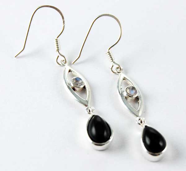 Earring Silver Double Drop Oval Stone Inset Moonstone And Onyx