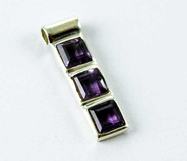 Pendant Silver 3 Stone Rectangle Drop Amethyst
