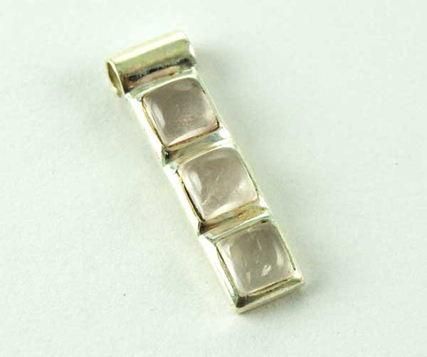 Pendant Silver 3 Stone Rectangle Drop Rose Quartz