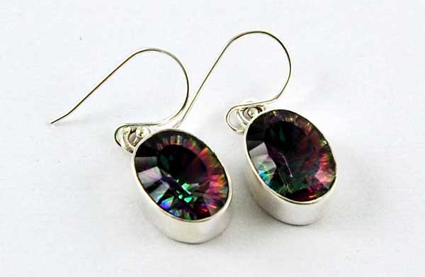 Earring Silver Oval Plain Stone Inset Mystic Topaz