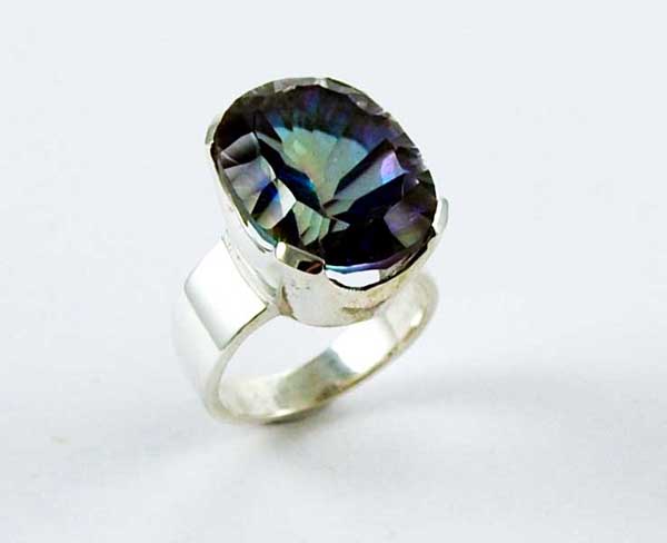 Ring Silver Oval Plain Stone Inset Mystic Topaz