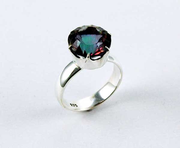 Ring Silver Circle Stone Claw Inset Mystic Topaz
