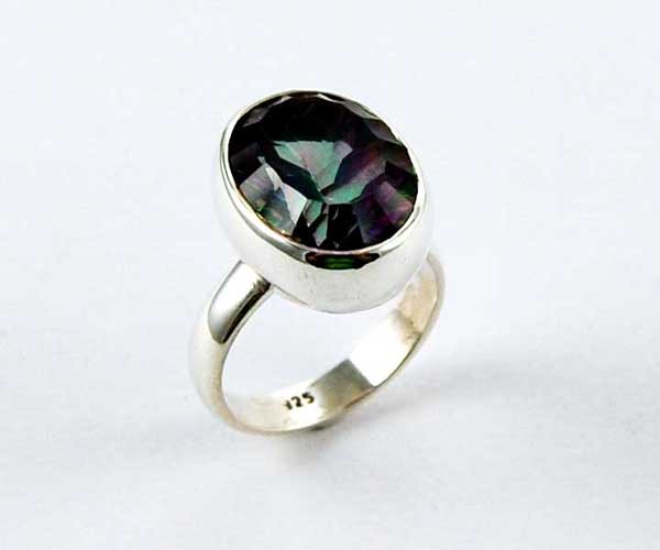 Ring Silver Oval Stone In Plain Thick Inset Mystic Topaz