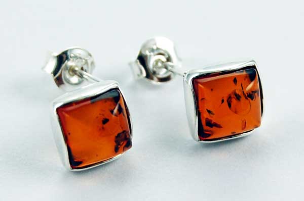 Earring Amber Silver Square Stud Cognac Colour
