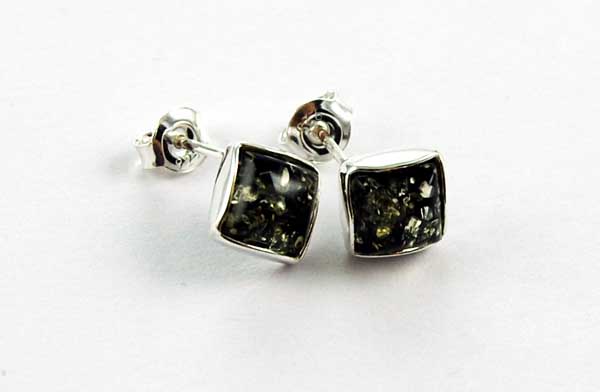 Earring Amber Silver Square Stud Green Colour