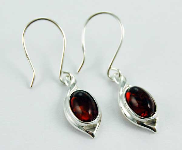 Earring Amber Silver Oval Stone Drop Cognac Colour