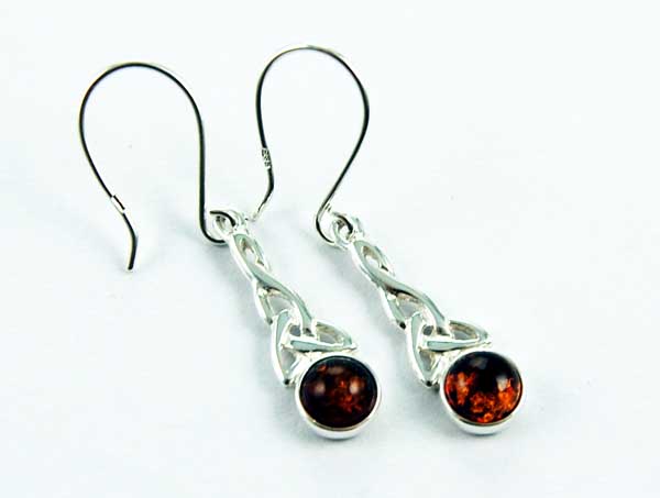 Earring Amber Silver Circle Celtic Stone Drop Cognac Colour