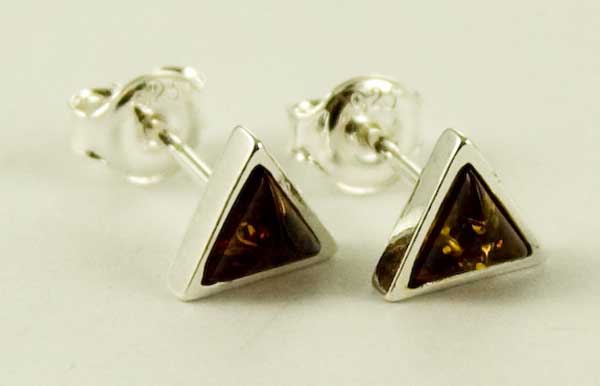 Earring Amber Silver Triangle Stud Cognac Colour