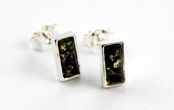 Earring Amber Silver Stud Slim Rectangle Shape Green Colour