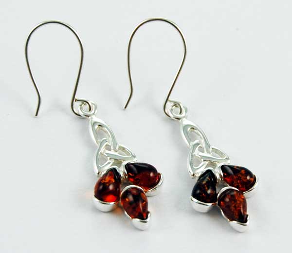 Earring Amber Silver Floral Stone Drop Cognac Colour