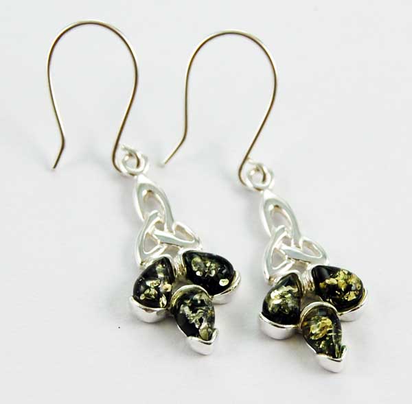 Earring Amber Silver Floral Stone Drop Green Colour