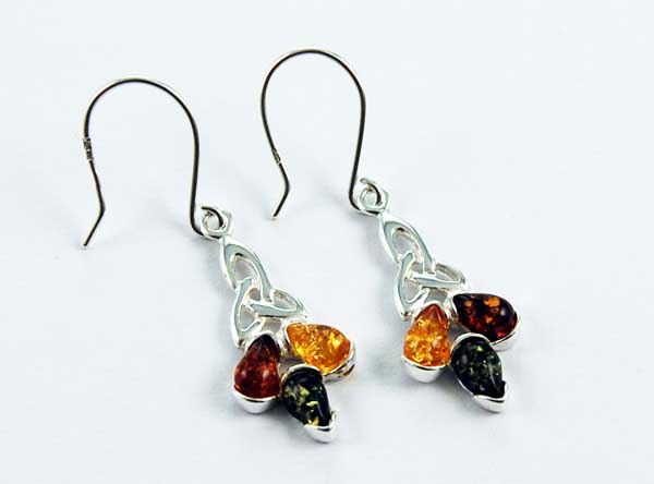 Earring Amber Silver Floral Stone Drop Multi Colour