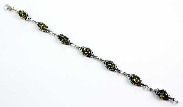 Bracelet Amber Silver Oval Links Green Colour