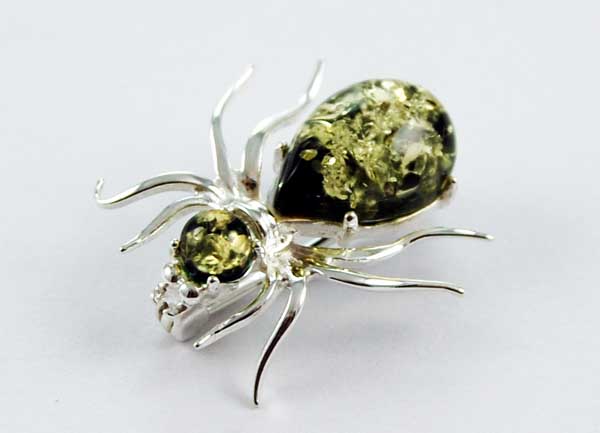 Brooch Amber Silver Spider Green Colour