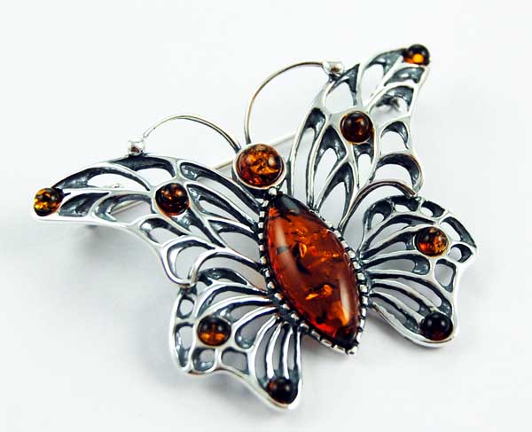 Brooch Amber Silver Butterfly Cognac Colour