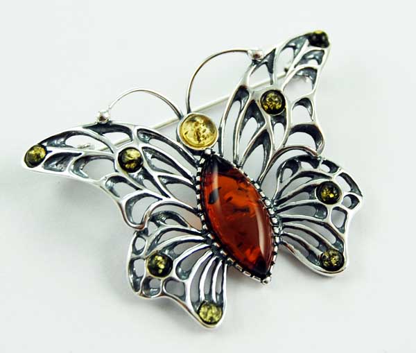 Brooch Amber Silver Butterfly Green Colour